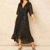 Women's Sequin Dresses V Neck Wrap Ruffle Maxi Dresses Elegant Long Formal Wedding Guest Dresses Evening Long Gowns Black view 3