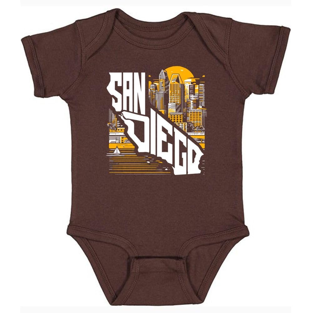 San Diego Hometown State Outline Kid's Baby Bodysuit for Baseball Fans (Brown, 6M)