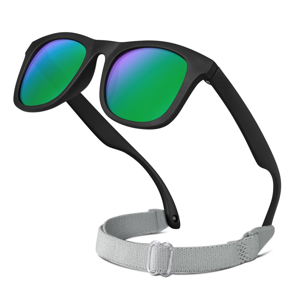 RIVBOS Baby Sunglasses Boys&Girls with Strap UV400 Polarized Flexible for Toddler,Infant and Newborn(0-24month) Black&Rainbow Green Lens RBK0231