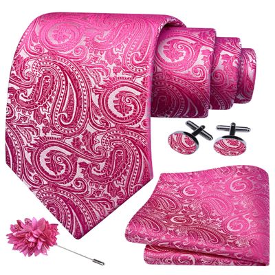GUSLESON Hot Pink Tie for Men Wedding Silk Paisley Necktie Pocket Square Cufflinks and Lapel Pin Brooch Set (6103-40)