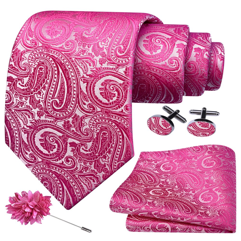 GUSLESON Hot Pink Tie for Men Wedding Silk Paisley Necktie Pocket Square Cufflinks and Lapel Pin Brooch Set (6103-40)