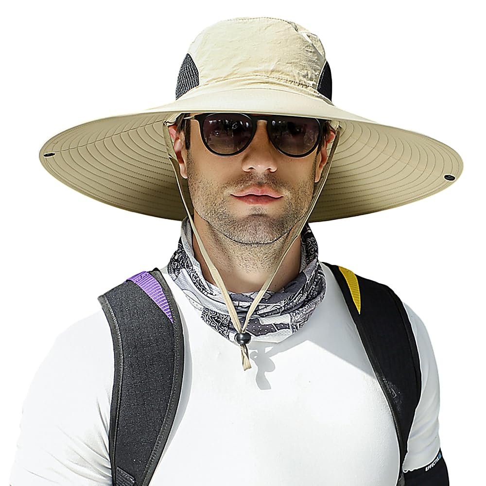 WITHMOONS Wide Brim Boonie Bush Hat Fishing Hiking Hat Foldable Safari Cap Outdoor YZ80250 (Beige)