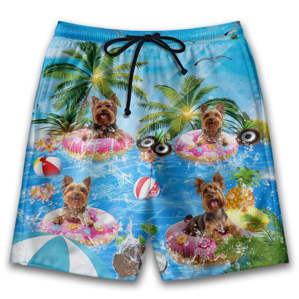 Party Yorkshire Terrier Mens Swim Trunks - Funny Dog Hawaiian Mens Shorts - Summer Drawstring Beachwear Shorts Series 92 Size 2XL