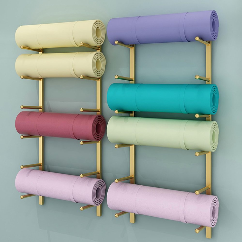 amhricho Yoga Mat Storage Rack, Wall Mounted Yoga Mat Holder, Large Capacity Storage Shelf, Multi-layer Storage, Home Hanging Storage Racks, Suitable for Home, Yoga Studio, Gym, School(Gold,6-Tier)