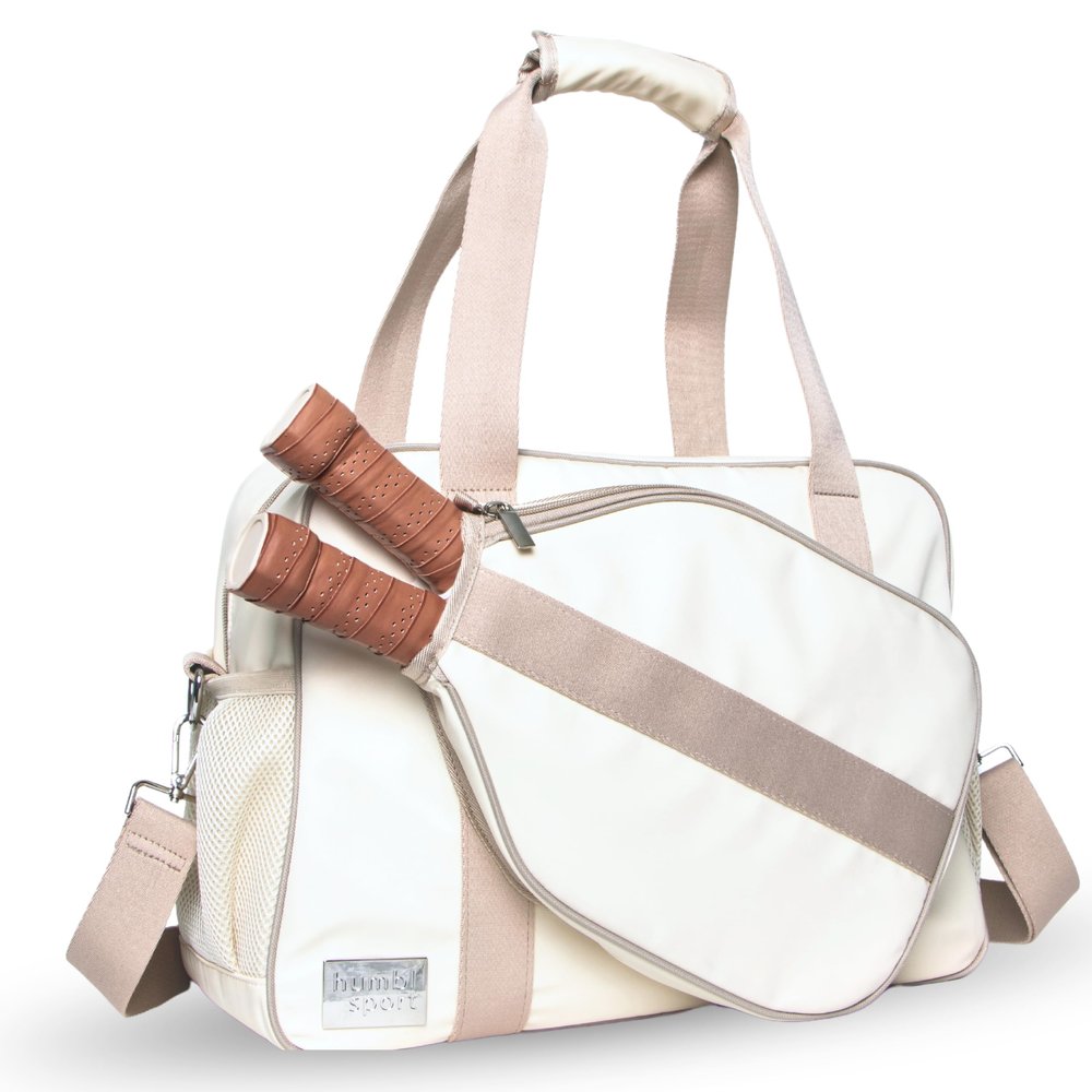 Humbl Fridays Pickleball Tote Bag, Women's Sporty Tote, Beige/Taupe, 17" x 6" x 12", 20L, 2 Compartments, Paddle Cover, Adjustable Shoulder Strap & Fence Hook