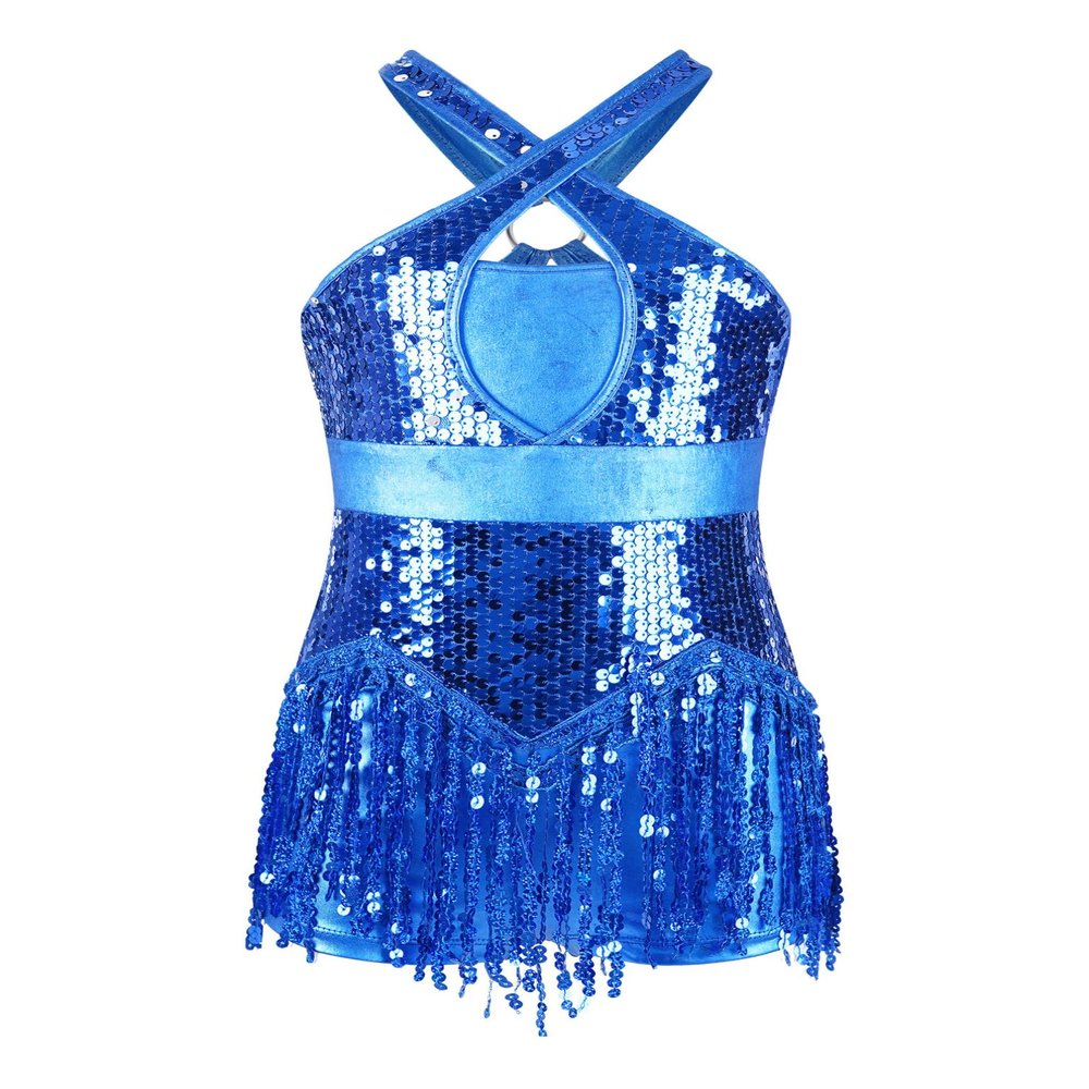 TiaoBug Kids Girls Sparkle Tassel Ballet Leotard Dress Street Hip Hop Jazz Tango Rumba Samba Salsa Dance Costume Blue 10 Years