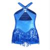 TiaoBug Kids Girls Sparkle Tassel Ballet Leotard Dress Street Hip Hop Jazz Tango Rumba Samba Salsa Dance Costume Blue 10 Years view 3