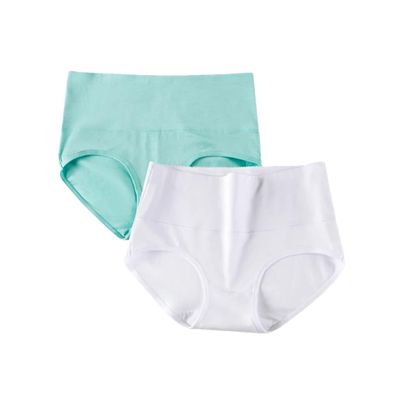 Dninmim 2Pcs/Set Women High Waist Underpanties Cotton Panties Solid Stretch Underwear skyblueWhite L