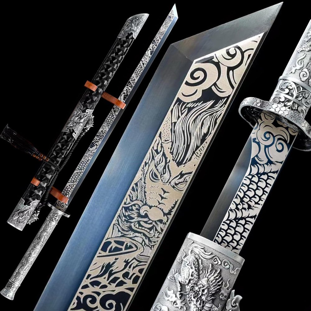 Warrior's Aspiration-The Kylin War Knife, Sharp Edge with Dragon Scale Design Handmade Real Combat Spring Steel Chinese Sword Full Tang Blue Blade Cool Sword for Mens Battle Ready
