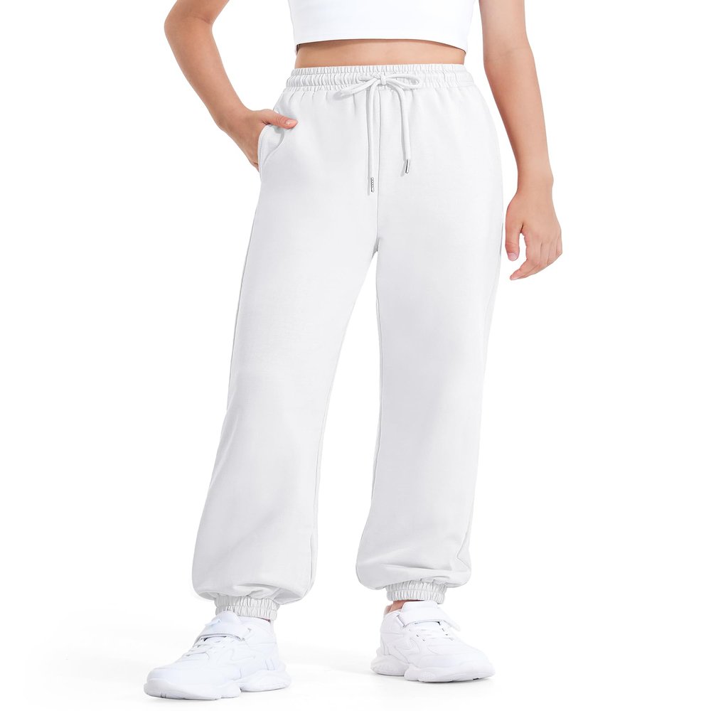 BOOPH Girls Sweatpants Kids Cotton Drawstring Joggers Athletic Pants with Pockets for Teen Girls White 13-14 Years