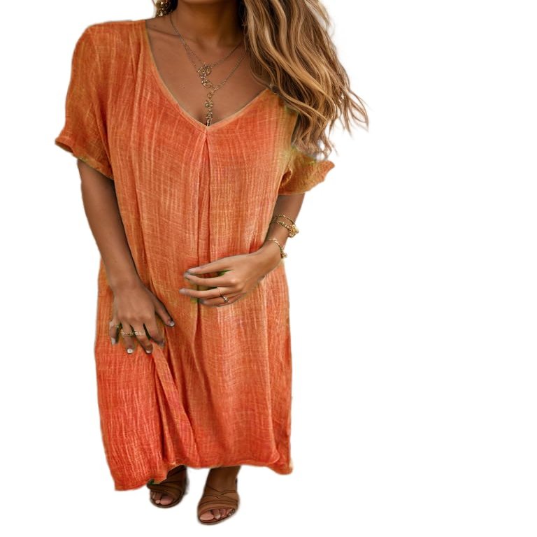 Akivide Women's Cotton Linen Short Sleeve V Neck Maxi Dress Summer Flowy Beach Vacation Shift Solid Long Tshirt Dress