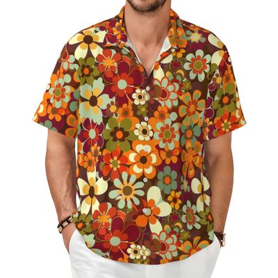 70s Outfits for Men Funny Hippie Floral Men's Hawaiian Shirts Retro Short Sleeve Button-Down Shirt Mens Beach Clothes