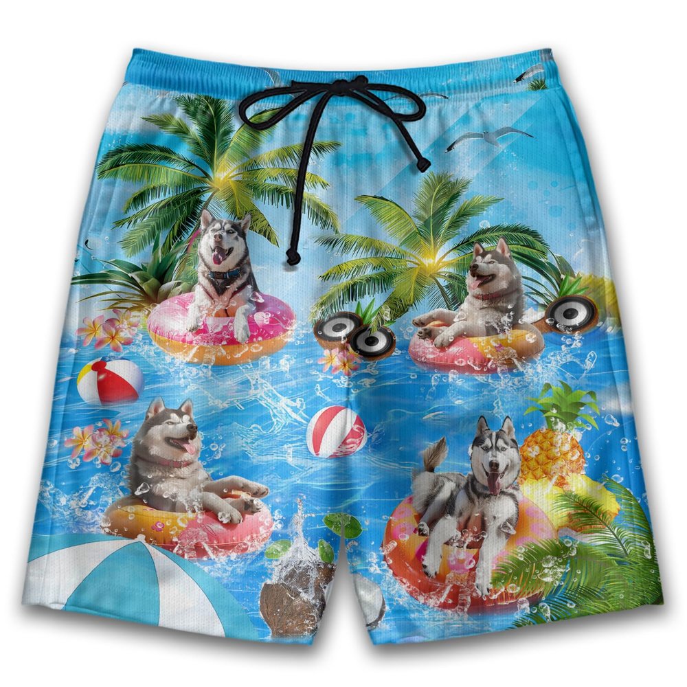 Party Husky Mens Swim Trunks - Funny Dog Hawaiian Mens Shorts - Summer Drawstring Beachwear Shorts Series 92 Size 3XL