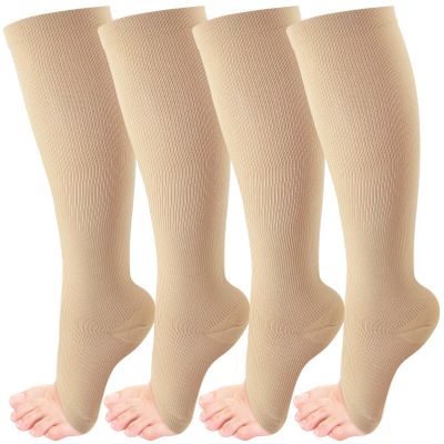 CACASO 4 Pairs Compression Socks,Open Toe Compression Socks 15-20 mmHg for Women & Men Circulation,Knee High Length Stockings,(Nude, XX-Large)
