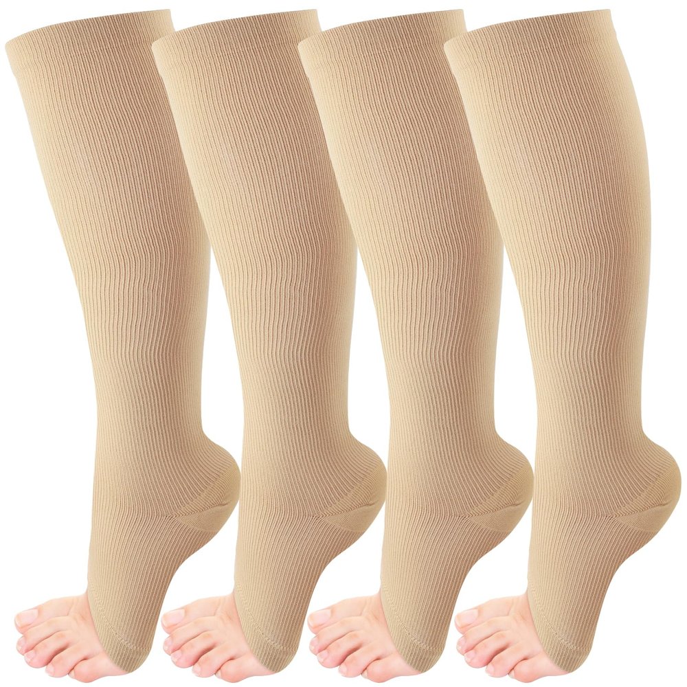 CACASO 4 Pairs Compression Socks,Open Toe Compression Socks 15-20 mmHg for Women & Men Circulation,Knee High Length Stockings,(Nude, XX-Large)