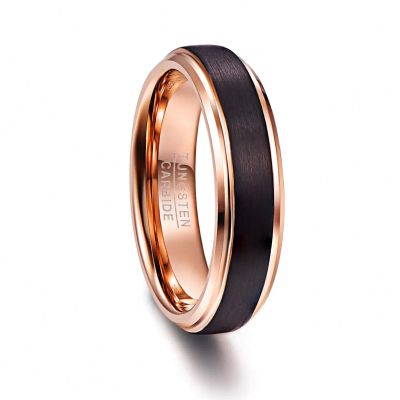 6 mm Rose Gold Plating Tungsten Carbide Rings for Men Black Brushed Wedding Band Step Beveled Edge 8