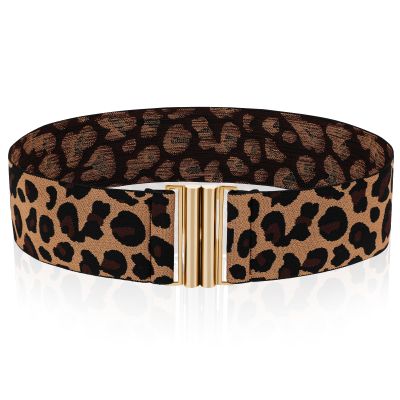 AOZUO Wide Stretch Waist Belt for Women, Vintage Elastic Leopard Print Waistband Skinny Dress Tuck Belt(Gold)