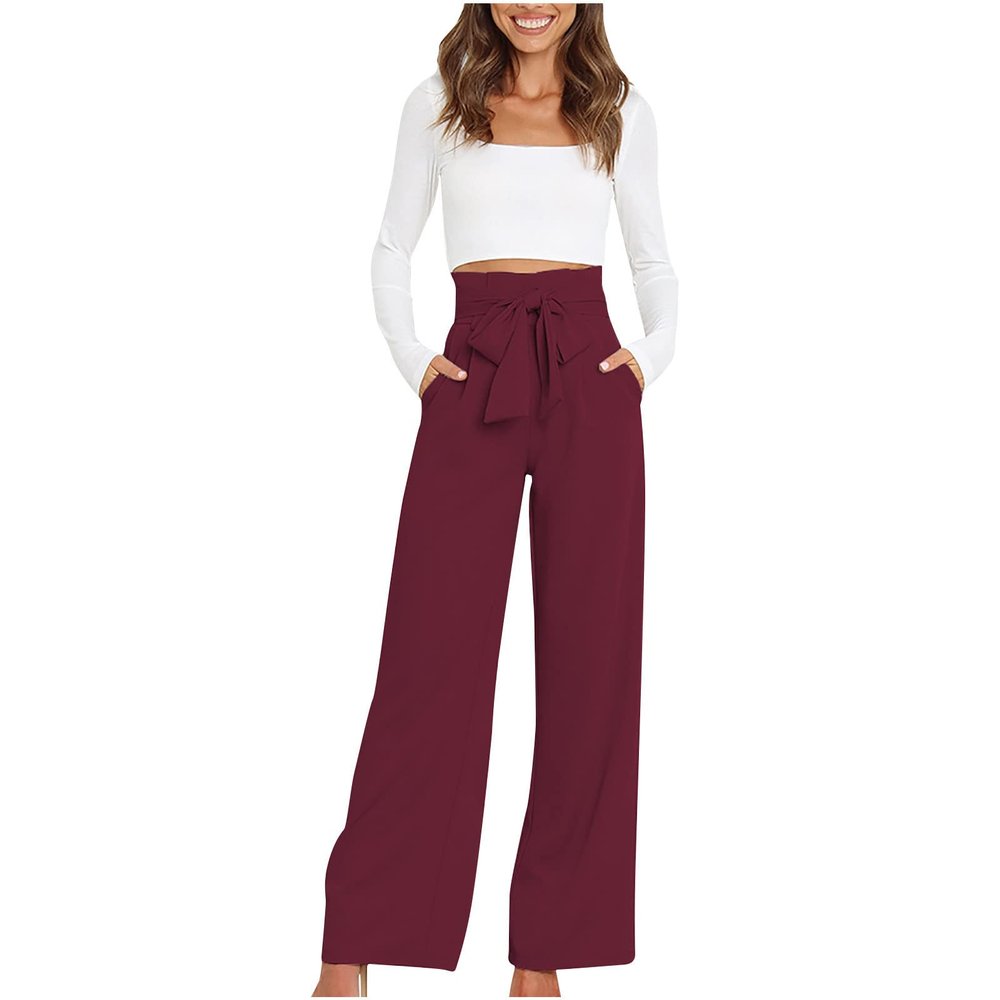 Women's Wide Leg Pants High Waisted Business Work Trousers Long Straight Suit Elastic Dressy Palazzo Pant with Belt