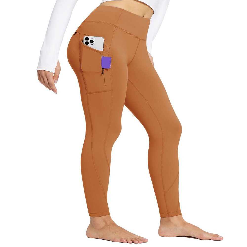 baleaf Women's Fleece Lined Leggings with 5 Pockets, Thermal Warm Winter Tights High Waisted Thick Yoga Pants Cold Gear Caramel S