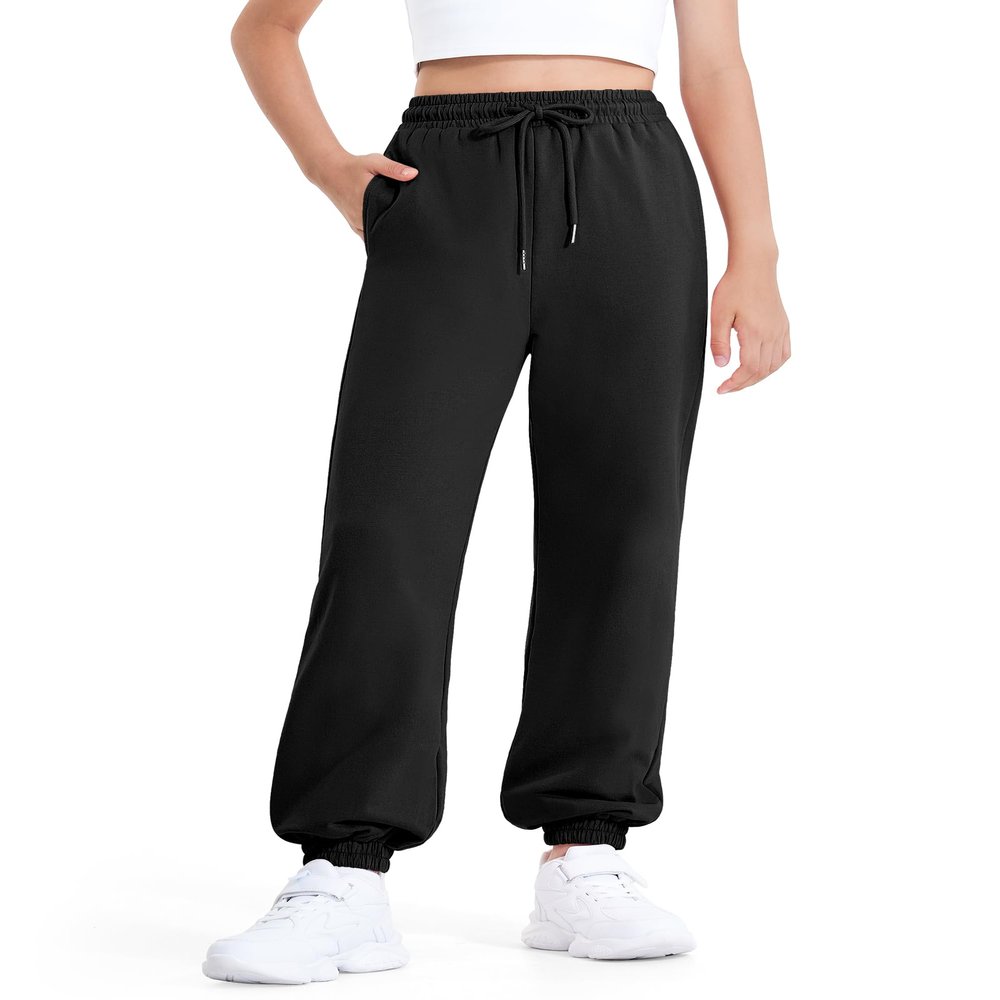 BOOPH Girls Sweatpants Kids Cotton Drawstring Joggers Athletic Pants with Pockets for Teen Girls Black 13-14 Years