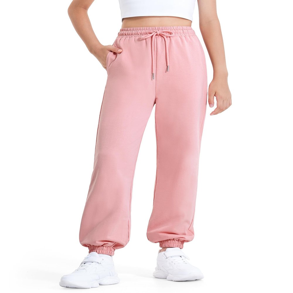 BOOPH Girls Sweatpants Kids Cotton Drawstring Joggers Athletic Pants with Pockets for Teen Girls Coral Pink 7-8 Years