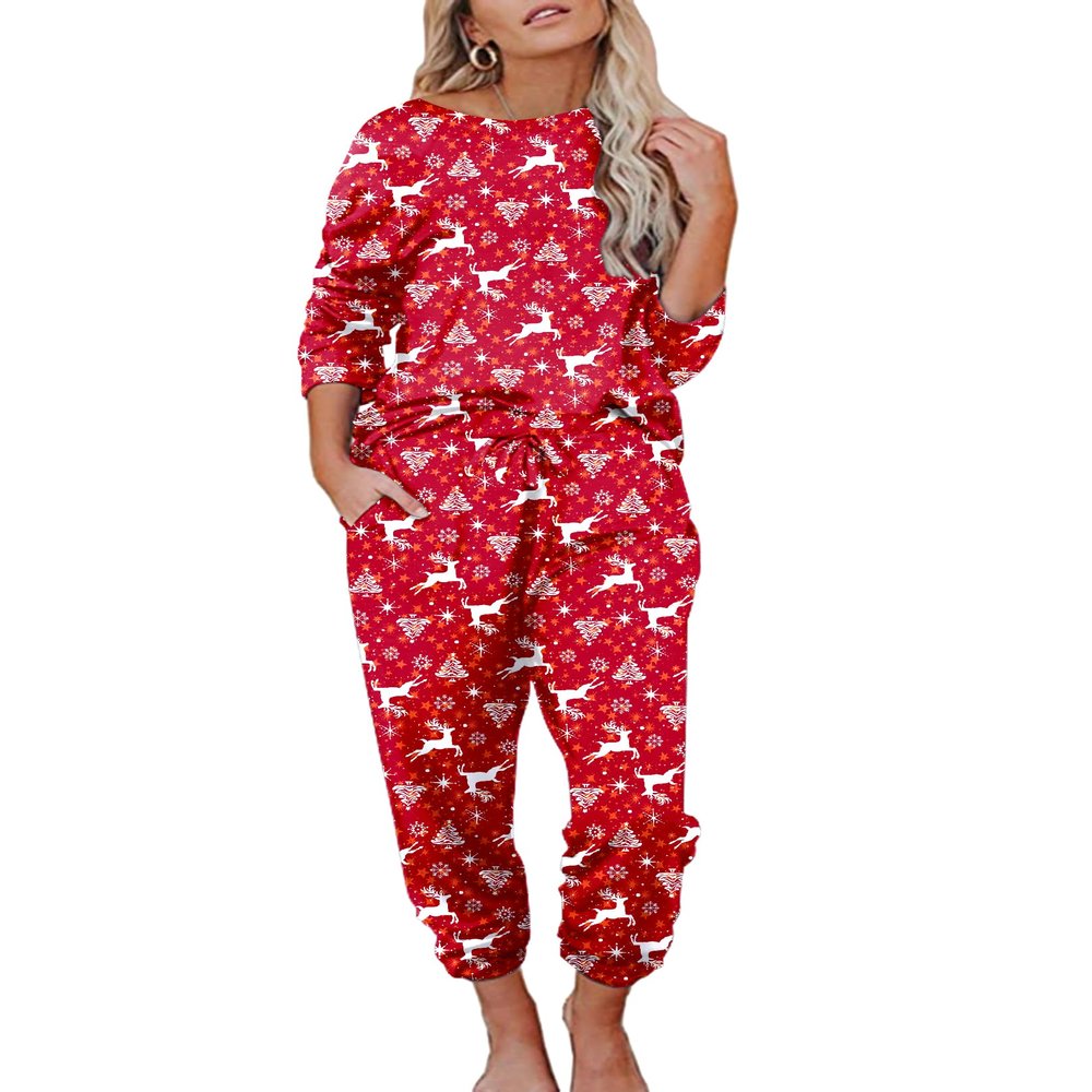 Ekouaer Womens Pajamas Set Long Sleeve Loungewear Soft Lounge Set Joggers with Pockets,X-Large,Red Christmas