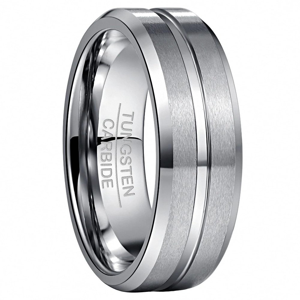 8 mm Width Tungsten Carbide Ring Steel Color Matte Surface Middle Groove Angle Tungsten Steel Men's Ring Silver 11.5