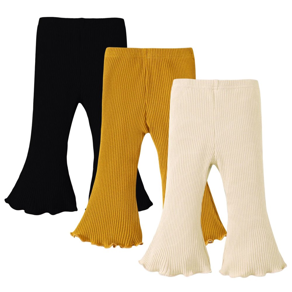 SOBOWO Toddler Baby Girl Flare Pants 3 Pack Solid Ribbed Ruffle Bell Bottoms Pants Fall Outfits(Black/Yellow/Beige, 2-3T)