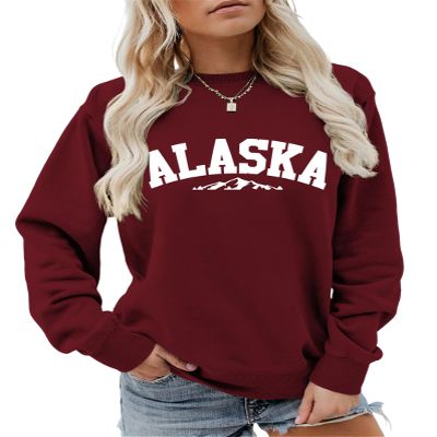 Pifnxtamy Sweatshirt for Women Alaska Letter Graphic Tees Retro Mountain Shirt Crewneck Sweater Long Sleeve Pullover Wine