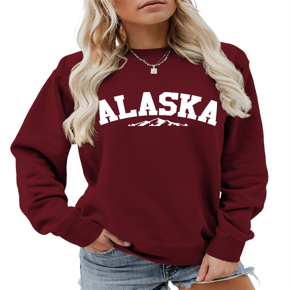 Pifnxtamy Sweatshirt for Women Alaska Letter Graphic Tees Retro Mountain Shirt Crewneck Sweater Long Sleeve Pullover Wine