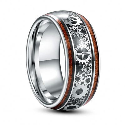 10 mm Inlaid Wood Grain Gear Pattern Tungsten Carbide Ring Men's Wedding Jewelry Gift 12