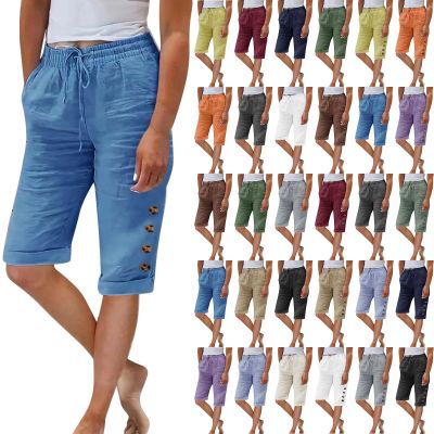 ZYXTIM Women's Summer Cotton Linen Bermuda Shorts Loose Elastic Waist Knee Length Shorts Cosy Beach Shorts with Pocket Blue