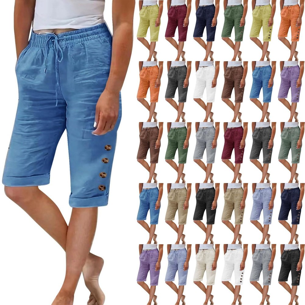 ZYXTIM Women's Summer Cotton Linen Bermuda Shorts Loose Elastic Waist Knee Length Shorts Cosy Beach Shorts with Pocket Blue