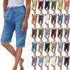 ZYXTIM Women's Summer Cotton Linen Bermuda Shorts Loose Elastic Waist Knee Length Shorts Cosy Beach Shorts with Pocket Blue view 1