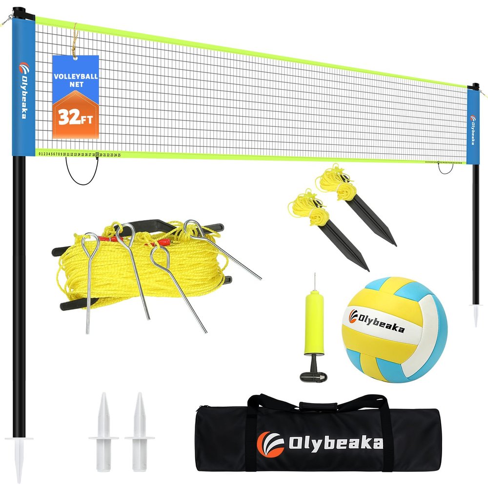 Portable Outdoor Volleyball Net Set for Backyard Beach with Adjustable Poles, Soft PU Volleyball & Pump, Carry Bag and Durable Anti-Sagging Net (Blue and Green, 32ft)