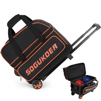 SOGUKOER 2 Ball Bowling Bag with Wheels, Lightweight Trolley Double Ball Bowling bags with Large Separate Shoe Compartment and Oversized Accessory Pocket, Retractable Handle Extends To 39.5"