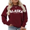 Pifnxtamy Sweatshirt for Women Alaska Letter Graphic Tees Retro Mountain Shirt Crewneck Sweater Long Sleeve Pullover Wine view 1