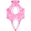 Oyolan Womens Glossy Patent Leather Hollow Out Stretch Bodycon Tank Leotard Party High Neck Thongs Clubwear Pink Large view 4
