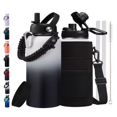 40 oz Insulated Water Bottle with Straw & Spout Lids, Paracord Handle, Bottle Holder with Strap, 40 oz Stainless Steel Water Bottle Cold for 48H, Vacuum Metal Thermal Flask for Work Travel