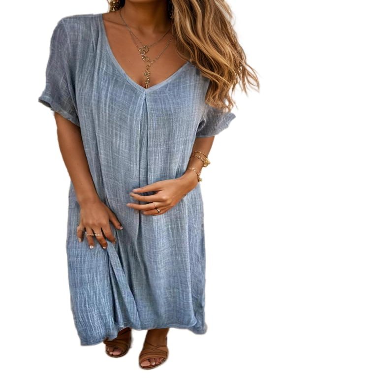 Akivide Women's Cotton Linen Short Sleeve V Neck Maxi Dress Summer Flowy Beach Vacation Shift Solid Long Tshirt Dress