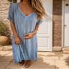 Akivide Women's Cotton Linen Short Sleeve V Neck Maxi Dress Summer Flowy Beach Vacation Shift Solid Long Tshirt Dress view 2