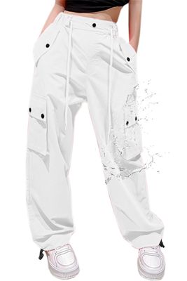 Cromoncent Girl's High Waist Parachute Pants Y2K Cargo Trousers with Pockets for Girls, White, 9-10 Years = Tag 150