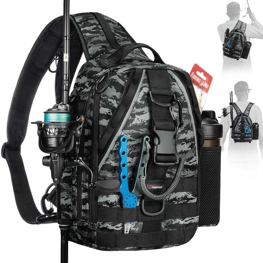 Piscifun Fishing Tackle Backpack with Rod & Gear Holder, Lightweight Outdoor Water-Resistant Fishing Shoulder Storage Bag, Black Camouflage
