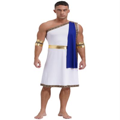 FEESHOW Men's One Shoulder Strap Ancient Greek Toga Dress Roman Senator Caesar Costume Robe for Halloween Blue Large