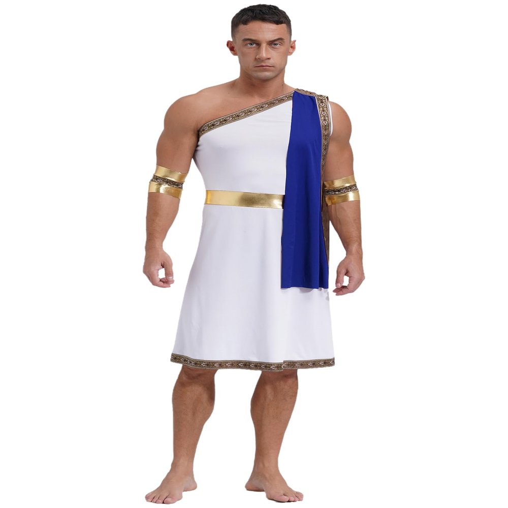 FEESHOW Men's One Shoulder Strap Ancient Greek Toga Dress Roman Senator Caesar Costume Robe for Halloween Blue Large