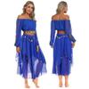 Lorilida Women Gypsy Princess Coplay Halloween Costumes Belly Dance Crop Top and Beaded Chiffon Skirt Royal Blue One Size view 3