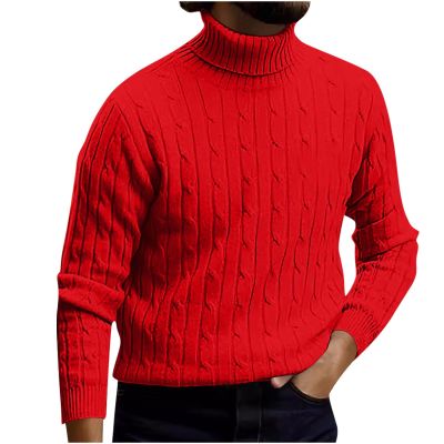 Mens Cable Knit Turtleneck Sweater Casual Soft Pullover Sweaters Twisted Knitted Slim Fit Long Sleeve Winter Jumper Red