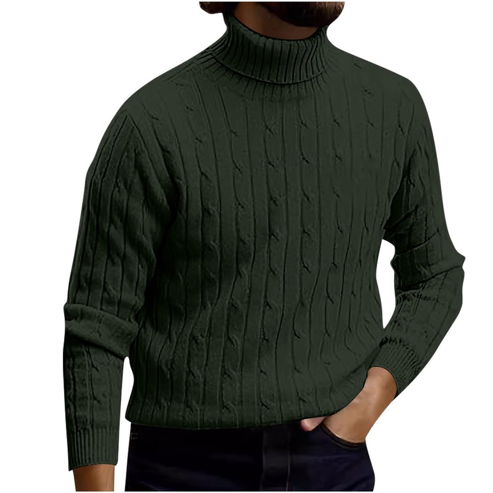 Mens Cable Knit Turtleneck Sweater Casual Soft Pullover Sweaters Twisted Knitted Slim Fit Long Sleeve Winter Jumper Army Green