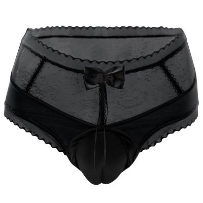 FEOYA Men Sissy Lace Panty with Bow Knot Crossdressing Transgender Lingerie Mesh Breathable Underwear Camel Toe Briefs Black M