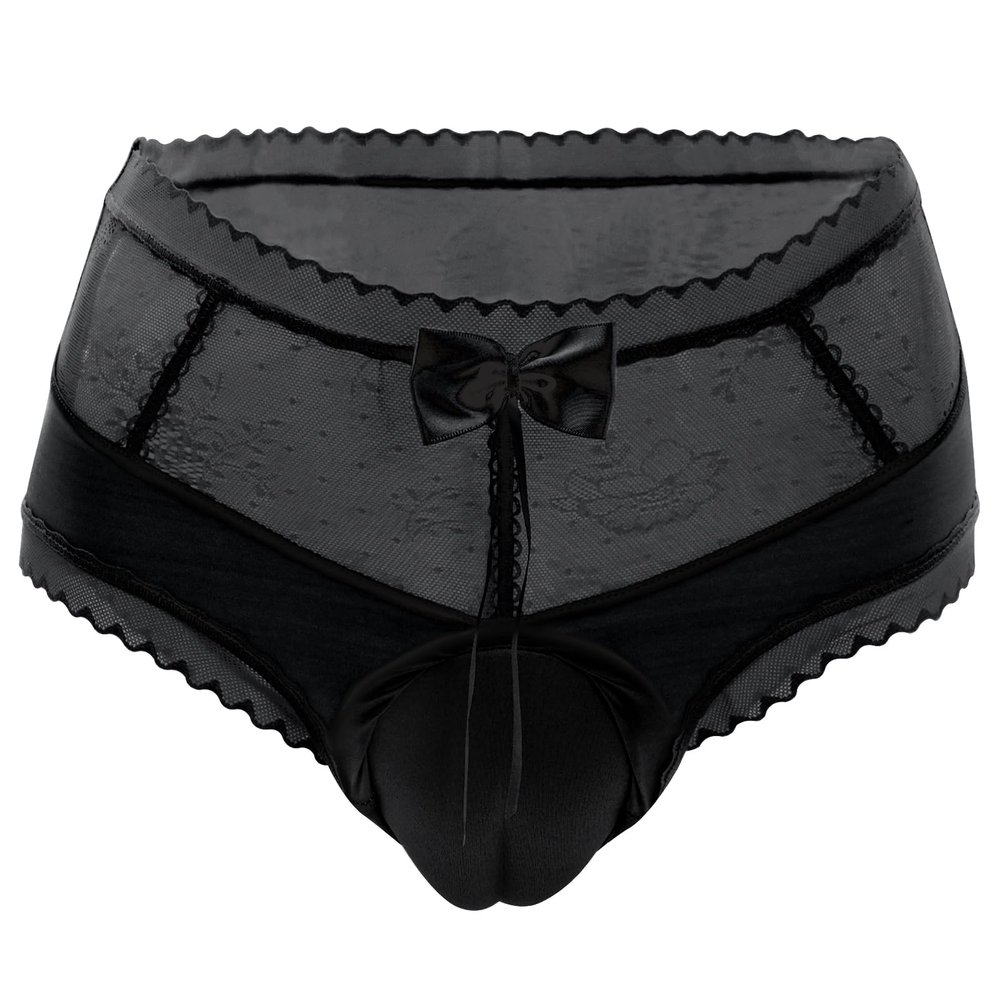 FEOYA Men Sissy Lace Panty with Bow Knot Crossdressing Transgender Lingerie Mesh Breathable Underwear Camel Toe Briefs Black M